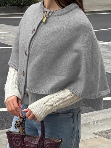 Image of Saodimallsu Womens Cropped Cape Cardigan Button Up Crew Neck Jacket Shawl Fall Trendy Knit Sweater