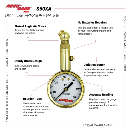 Accu-Gage by Milton Dial Tire Pressure Gauge with Swivel Angle Air Chuck - ANSI Certified for Motorcycle/Car/Truck Tires (0-60 PSI) - Image 5