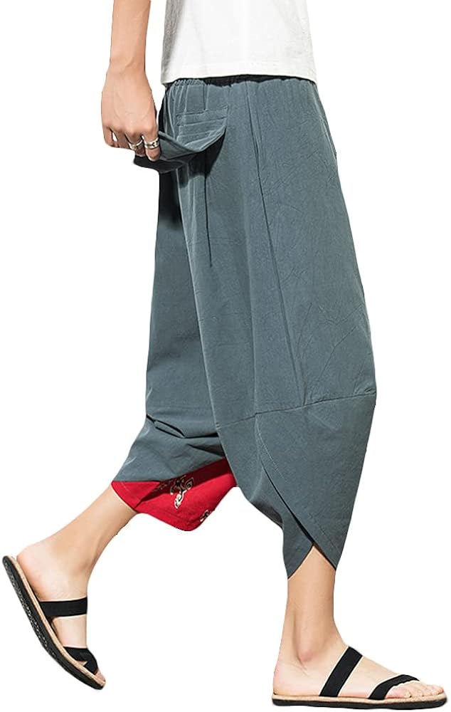 PRIJOUHE Men's Casual Wide Leg Baggy Harem Pant Lightweight Drop Crotch Summer Beach Linen Capri Pants at  Men’s Clothing store