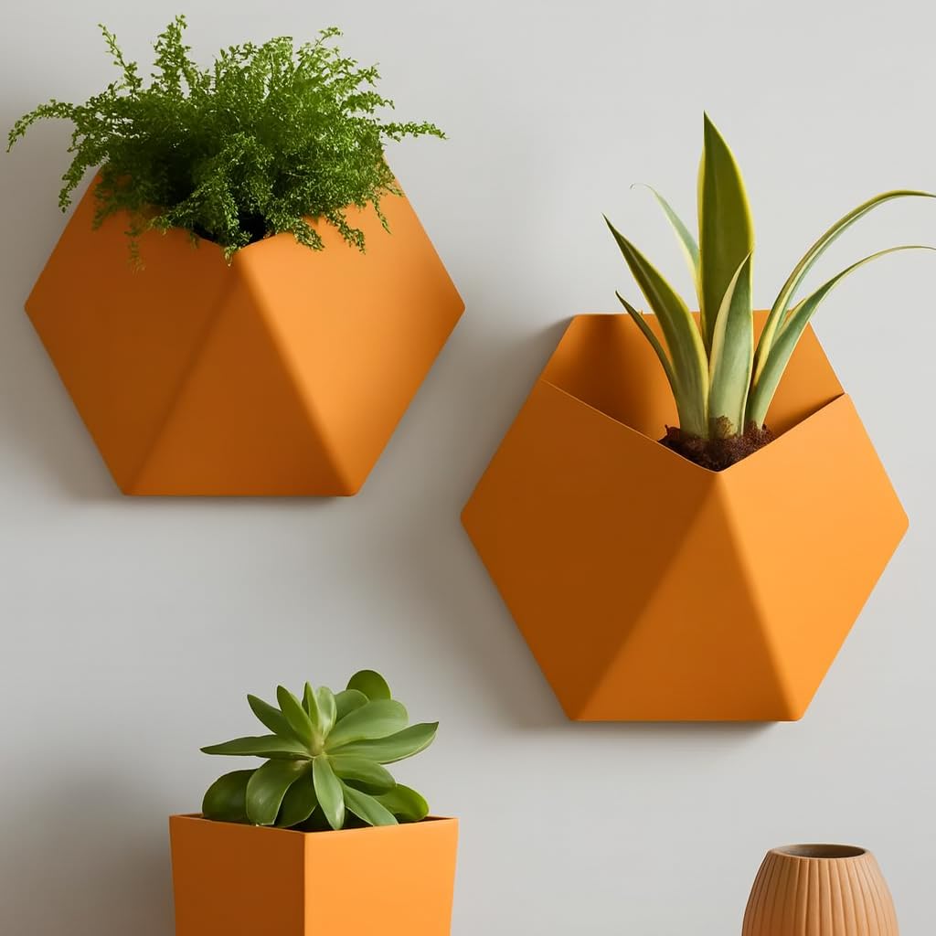 Wall-Mounted Geometric Plant Pot – Modern Indoor/Outdoor Planter (2, Matt Mandarin Orange)