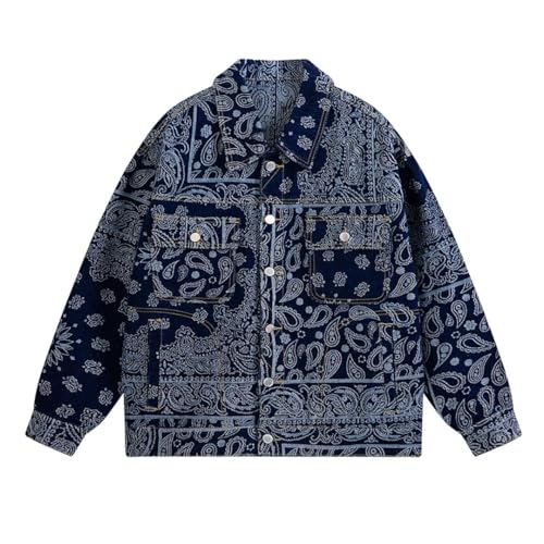 Men's Loose Fit Denim Jacket With Paisley Bandana Print Jacquard Weave Turn-Down Collar Single Breasted Casual Outerwear 6