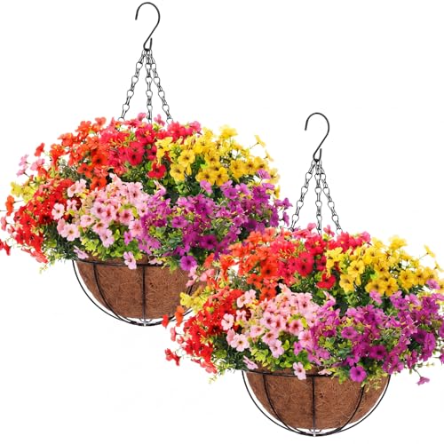 Glitinsel 40 Pcs/2 Sets Spring Artificial Flowers with Hanging Baskets Violet with Eucalyptus Leaves Hanging Planter with Outdoor Spring Flowers for Porch Garden and Home Patio Yard Decor (Multicolor)