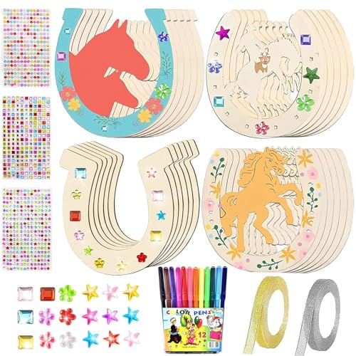 SOETDERT 24pcs Fer à Cheval en Bois, DIY Fers à Cheval en Bois Décoration +12 Crayons d'aquarelle +3 Strass Autocollants +2 Rubans, Enfant Bricolage...