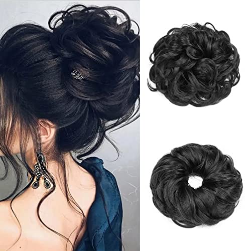 Cybelleza Messy Bun Hair Piece Curly Hair Scrunchies Thick Messy Hair Bun Updo Hairpiece Synthetic Ribbon Ponytail Extensions Donut Chignons Wavy Wig for Women Girls 35g Black