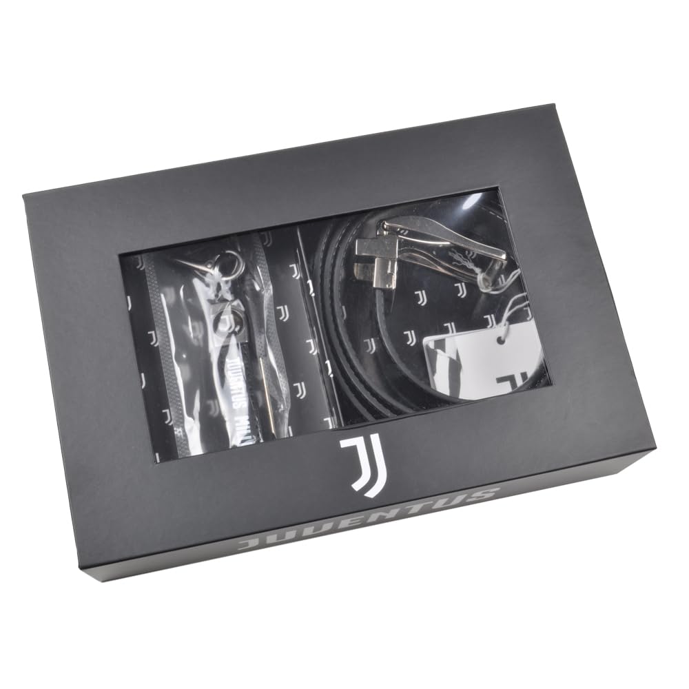 JUVENTUS Set Regalo Premium, Cintura in Pelle Nera e Portachiavi con Logo Ufficiale, Confezione Regalo Elegante