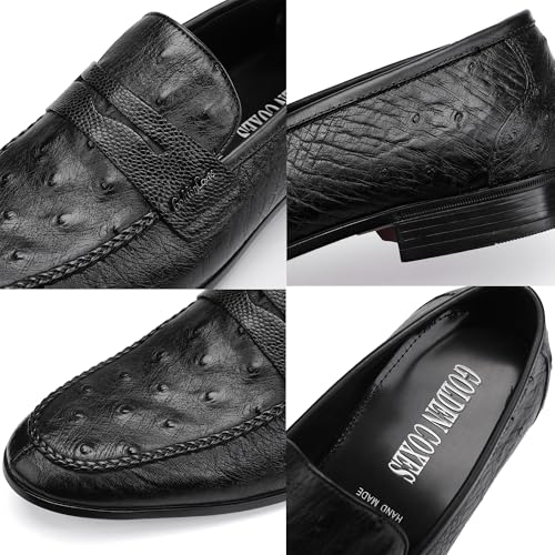 Men's Casual Genuine Leather Dress Shoes Premium Ostrich Printed Driving Moccasins Party Wedding Slip-on Penny Loafers for Mens, Black2