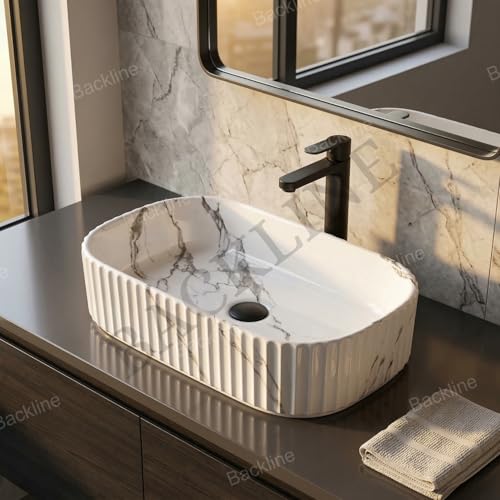 Image of B Backline Ceramic Table Top Wash Basin /Counter Top Basin Sink /Wash Basin Art Basins For Bathroom 20 X 15 X 4.5 Inches (White)