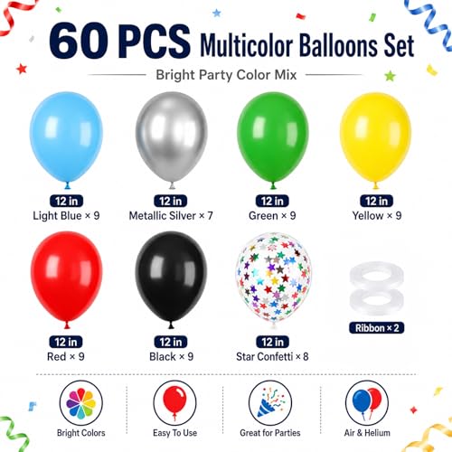 Image of Multicolor Balloons, 60Pcs Red Yellow Blue Balloon, 12 Inch Latex Colorful Metallic Silver Green Black Red Blue Yellow Confetti Balloons Helium for Baby Shower Kids Birthday Wedding Party Decorations