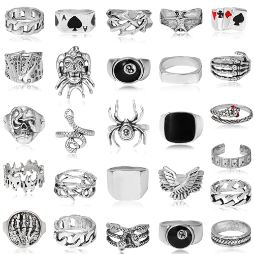 26 Pcs Vintage Silver Punk Rings Set for Men Cool Gothic Chunky Rings Statement Snake Wing Signet Ring Set
