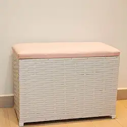 Puff Baú Organizador 80 L Fibra Sintética com Assento Suede – Multiuso para Sala Quarto e Ambiente Decorativo (BRANCO/ROSA)