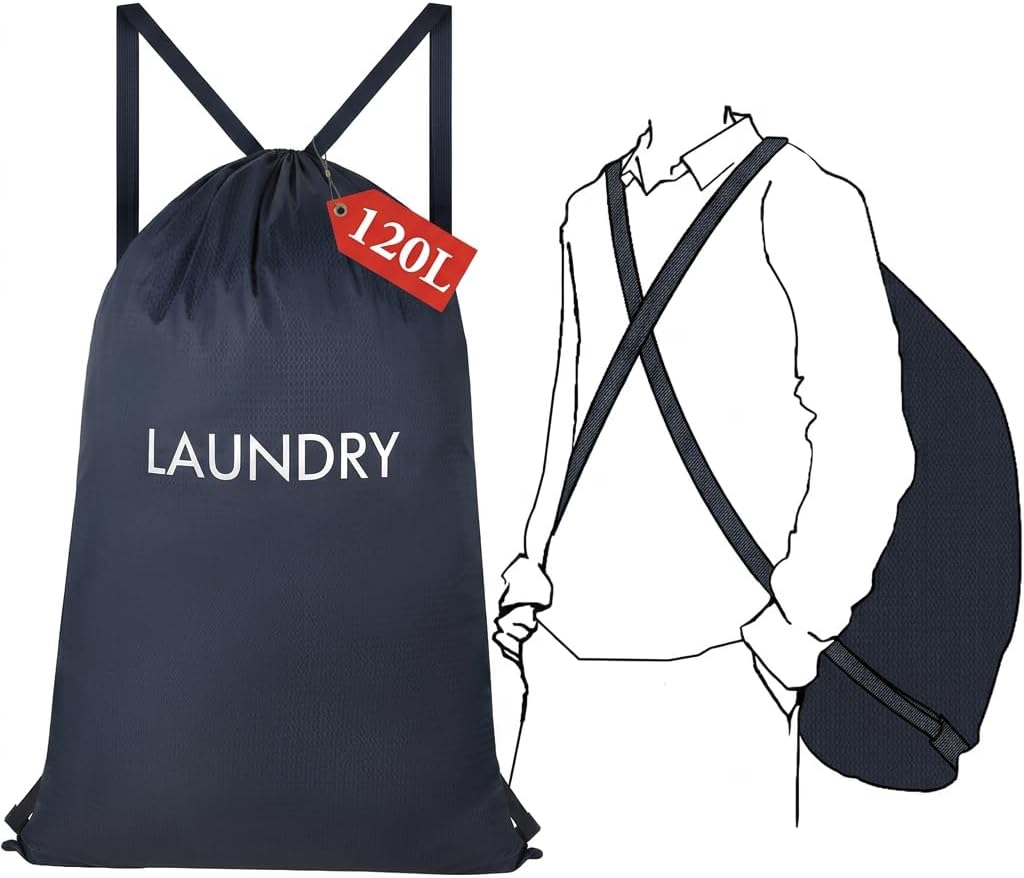 120L Heavy Duty Laundry Bag Backpack with Shoulder Straps, Waterproof Tear-Resistant Nylon Hamper Tote for Easy Carrying to Laundromat, College Dorms & Apartment Stairs