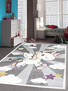Carpetia Einhorn Kinderteppich Rosa Creme Grau 160cm Rund