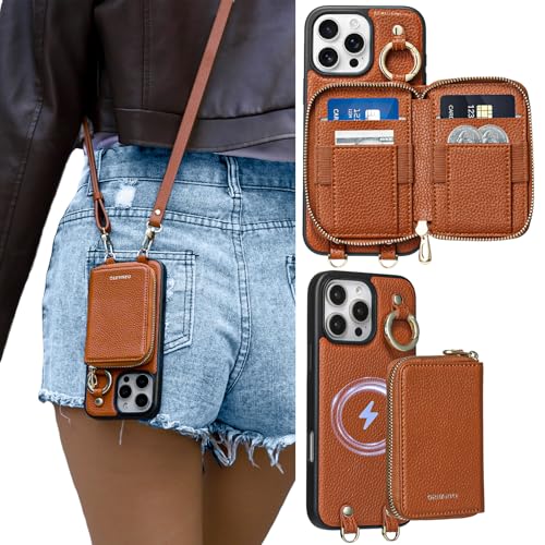 ORNARTO Magnetic Detachable Wallet Case for iPhone 16 Pro Max [Compatible with MagSafe] Crossbody Wallet Case with Card Holder Wrist Strap RFID Blocking PU Leather Wallet Phone Cover 6.9 Brown