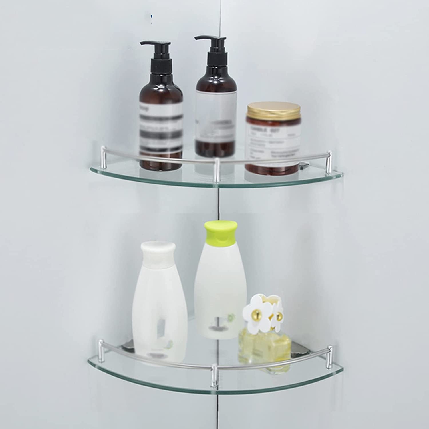 Paquete de 2 estantes de Vidrio esquinero para baño, Estante de Vidrio Templado Sector de Acero Inoxidable montado en la Pared, para baño, Dormitorio con guía