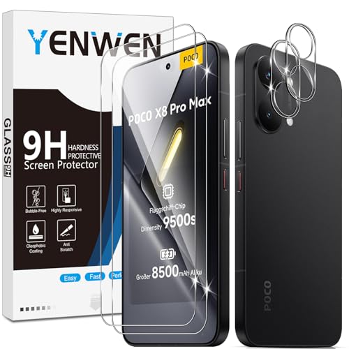Yenwen Vetro Temperato per Xiaomi POCO X8 Pro Max, 2 Pezzi Glass Pellicola Protettiva + 2 Pezzi Pellicola Fotocamera Protezione, Senza Bolle, 0,33mm Ultra Trasparente