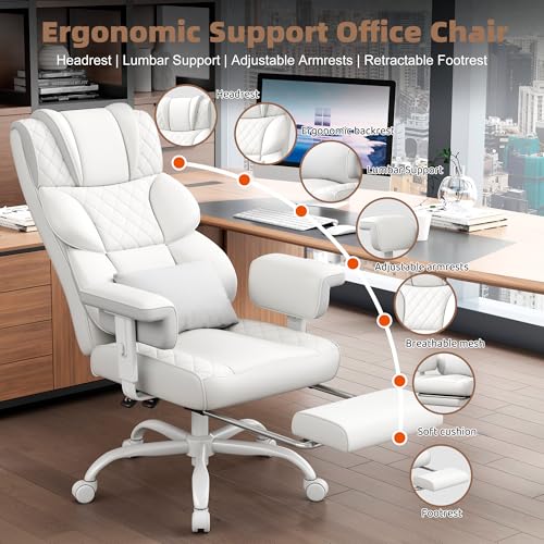 Image of Vonesse Big and Tall Office Chair, Desk Chair with Soft Adjustable Armrests, Ergonomic High Back Gaming Chair with Lumbar Support, Executive Computer Chairs with Footrest (PU Leather,White)