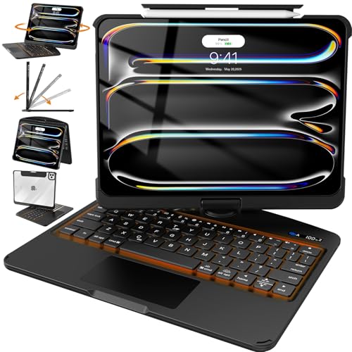 Image of Intermerge for Clear iPad Pro 13(M5,2025 / M4,2024) Case with Keyboard,360 Rotatable Multi-Touch Trackpad,7-Color Backlit Magnetic Keyboard Case with Pencil Holder and Type-C Charging - Black
