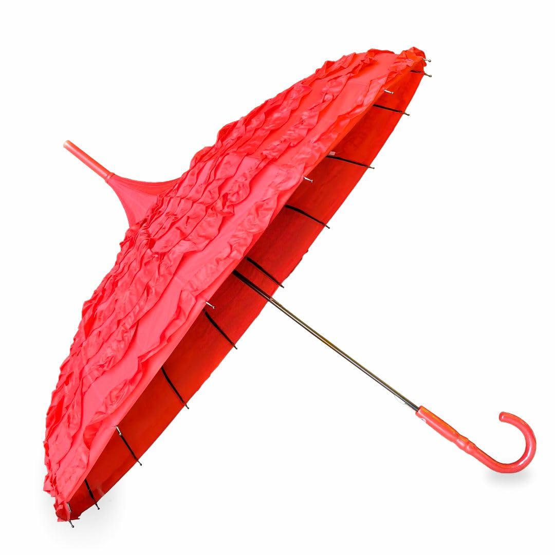 Premium Red Ruffle Pagoda Umbrella for Women, Vintage Designer Waterproof Long Stick with Curved Handle for Wedding, Party & Special Occasions-image-17