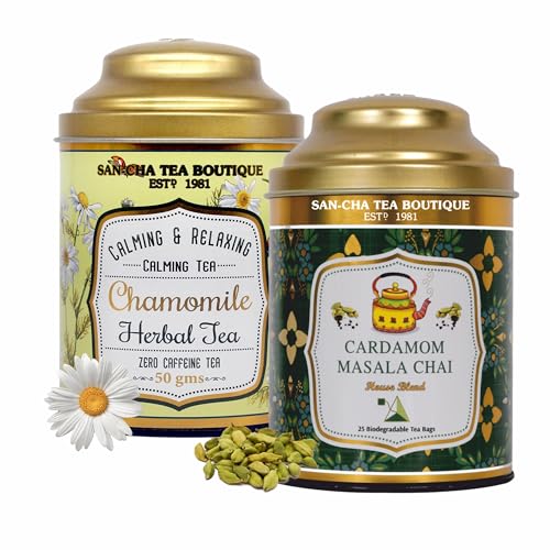 Image of Sancha Tea Boutique, Combo Pack: Chamomile Herbal (50g) & Cardamom Chai (25 Pyramid Bags), Elaichi Masala Blend with Real Ingredients