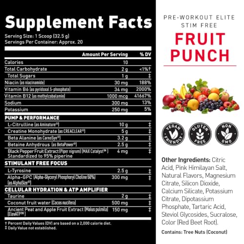 Image of Kaged Pre Workout Elite Stim Free Powder | Fruit Punch | Creatine, Beta Alanine, L-Citrulline | No Caffeine | 20 Servings
