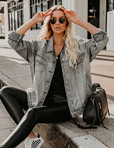 Himythe Women's Oversized Jean Coat Studded Rivet Denim Jacket Long Sleeve Trucker Jacket(0107-Grey-L) #TOP2