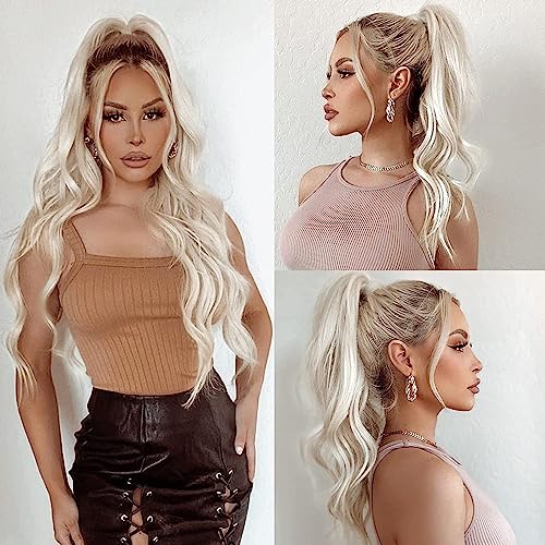 PORSMEER Long Blonde Wigs for Women Ladies with Dark Brown Roots Middle Part Natural Looking Pastel Loose Wave Curly Synthetic Hair Wig for Everyday or Halloween Party,26inch - Image 2