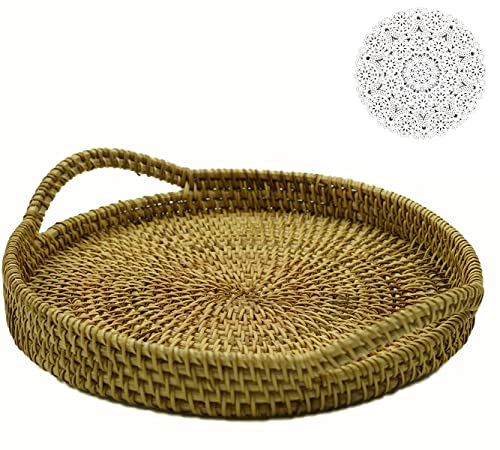 ROZALIA'S Rattan Round Serving Tray with Handles 10.6