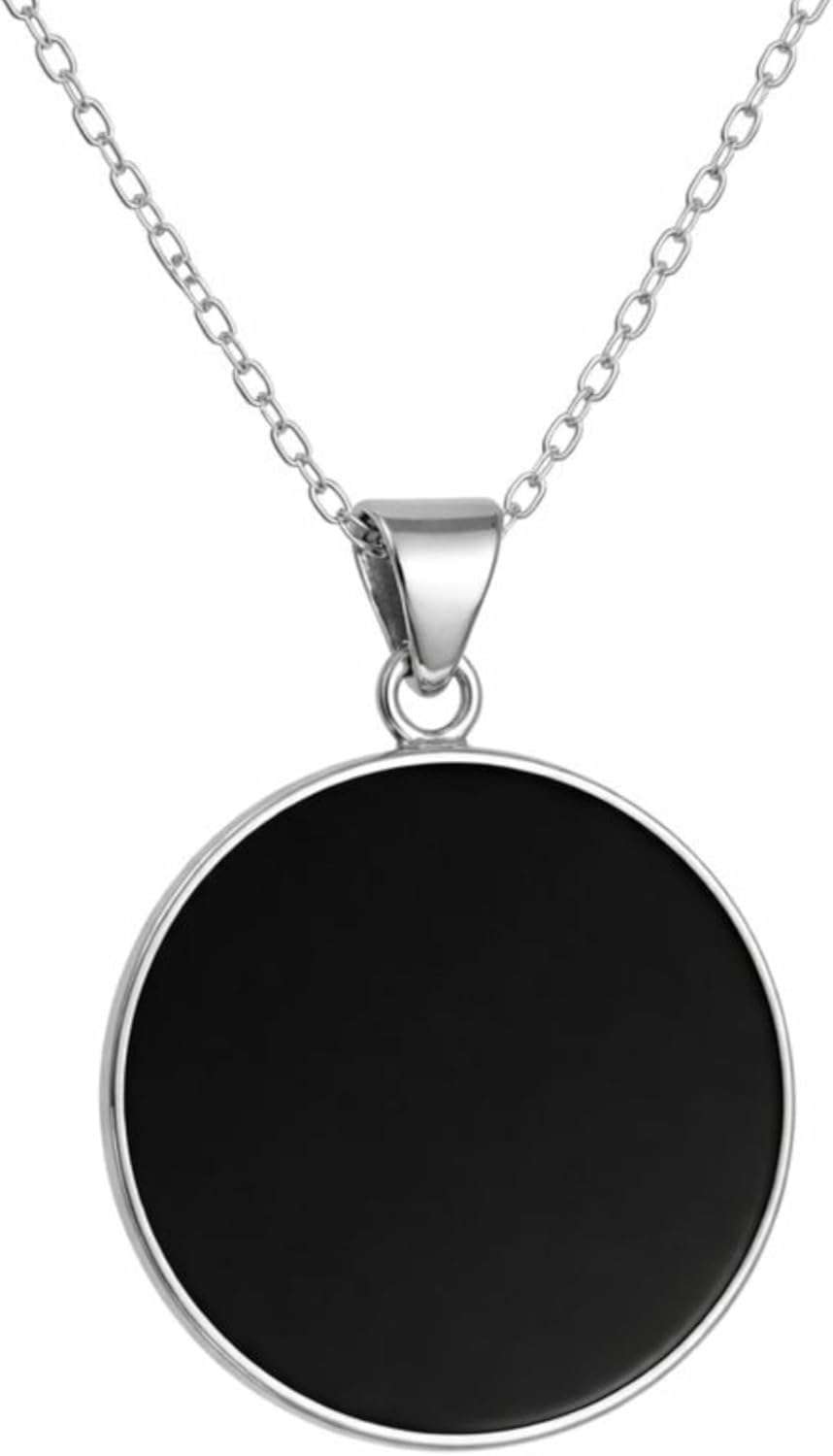 Sterling Silver 925 Black Onyx Flat Round Handmade Pendant Necklace for Women & Men - Unisex