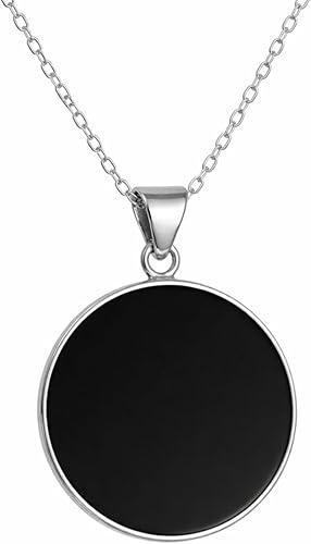 Sterling Silver 925 Black Onyx Flat Round Handmade Pendant Necklace for Women & Men - Unisex Black - 20mm / 0.82 inch,Black - 25mm / 1