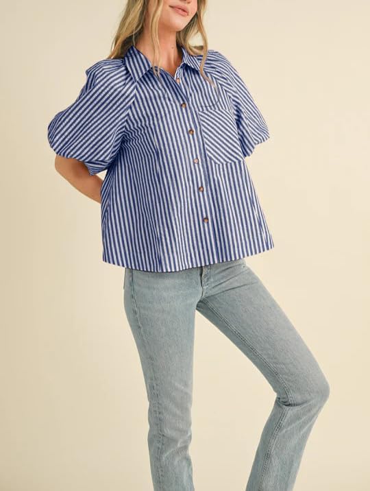 Women's Striped Button Down Shirt Puff Sleeve Collared V Neck Loose Casual Dressy Blouse Top - Image 3