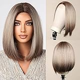 testar Short Ombre Blonde Wigs for Women Blunt Cut Bob Wig Middle Part Hairline Lace Wig Glueless Synthetic Straight Hair with Grey Brown Roots Hair Replacement