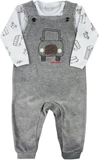 Macacao Bebe Menino Salopete Plush e Body Suedine Bordado Carrinho - Mescla P