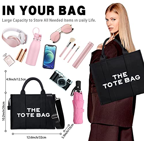 The-Tote-Bag-for-Women-Luxury-Stylish-Aesthetic-Cute-Trend-Black-Canvas-Crossbody-Bag-with-Zipper-Handbags-School-Travel-Trip-Work-Essentials-Accessories-Gear-Birthday-Gifts-for-Women