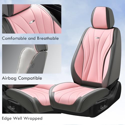 Image of Coverado Car Seat Covers Full Set, Universal Seat Cover for Cars, Luxury Faux Leather Seat Covers, Car Seat Protector Waterproof, Automotive Seat Cover, Car Seat Cushions Fit for Most Cars (Gray&Pink)