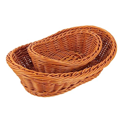 VINTORKY 2pcs Fruit Basket Bread Storage Basket Home Woven Basket Round Wicker Basket Vegetable Serving Basket Food Storage Basket Small Rattan Basket Bread Basket Plastic Brown re-usable