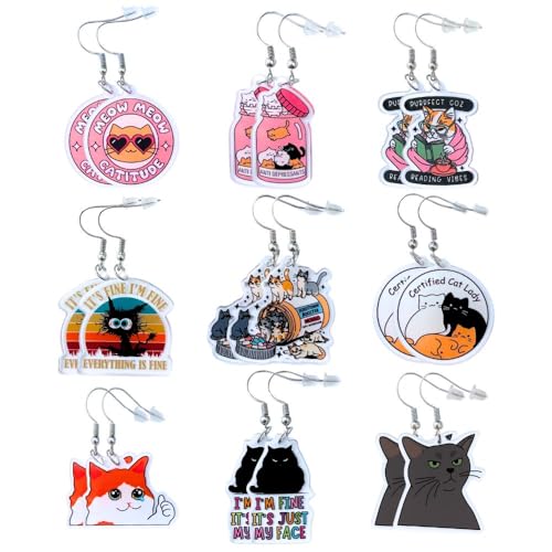 9PC Cat Earrings Funny Meme Snarky Sassy Certified Catitude Chill Stylish Dramatic Nerdy Weird Funky Cool Trendy Acrylic Purrfect Animal Pet Drop Earring Meow Accessories Gift For Women