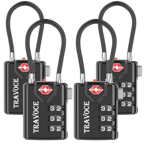 TRAVOCE TSA Approved Luggage Locks - Heavy Duty 3 Digit Combination Cable Lock, Search Alert for Suitcases, Backpacks, Golf Bags, Tents, Violin and Camera Cases, 4 Pack, Black