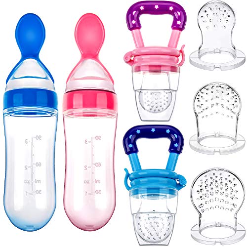 7 Pieces Teething Pacifiers Food Feeder Multicolored Fruit Feeder Silicone Food Dispensing Spoon with Replacement Feeding Nipples (Blue and Pink)