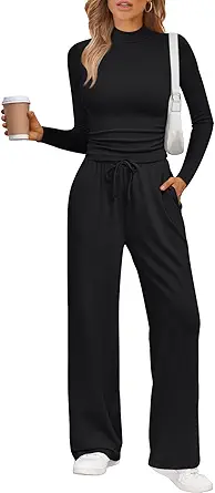Trendy Queen Womens 2 Piece Matching Lounge Set Mock Turtleneck Top Wide Leg Pants Casual Sweatsuit with Pockets