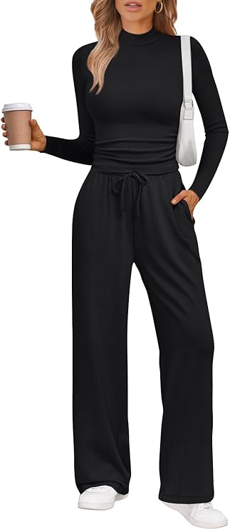 Trendy Queen Womens 2 Piece Matching Lounge Set Mock Turtleneck Top Wide Leg Pants Casual Sweatsuit with Pockets