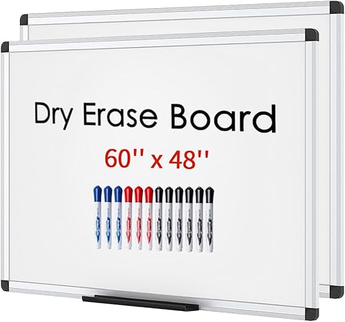 VIZ-PRO Pizarra magnética de borrado en seco, 60 x 48 pulgadas, paquete de 2, marco de aluminio plateado, con 12 marcadores