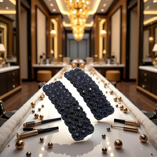 2 Pinzas para el cabello con cierre a presión y decoración de piedras negras para mujeres y niñas, diseño rectangular coreano miniatura 6