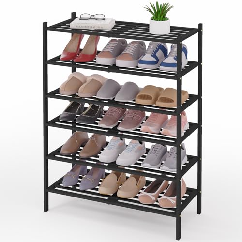 Image of Smiry Bamboo Shoe Rack, 5 Horizontal Slats, 6 Tier - 26.8 inch Wide, Black