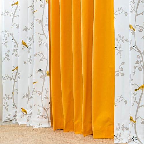 Image of Tranquebar Curtain Co. Window Curtains 5 Feet, 60-65% Room Darkening,Yellow Bird Print, Cotton Curtains for Window,Cotton Curtains 5 Feet Set of 3, BackTab Loops, Yori Yellow combo (152 cm) - Set of 3