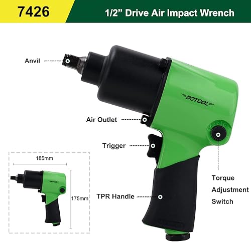 Miniatura 5 de Llave de impacto neumática de 12 pulgada, 5 velocidades, accionamiento cuadrado neumático, resistente, 520 pies-libras, par de aflojamiento máximo,