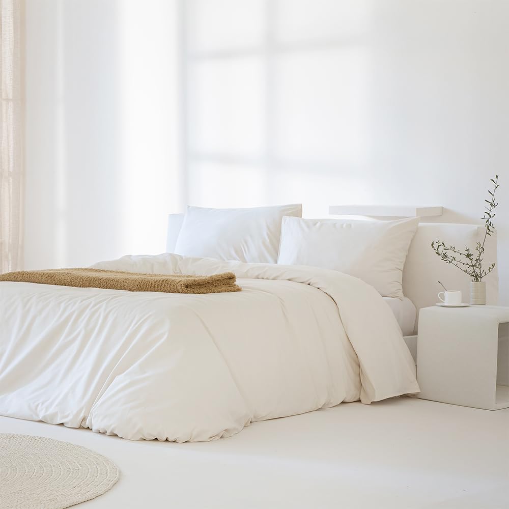 COTTON ARTean Funda Edredón Nórdico Cama 150 Percal Algodón 200 Hilos Noa Beige 3 Piezas 240x220 Cierre Botones.