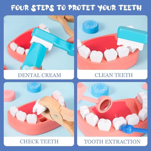 Image of WUDLY Wooden Doctor Set for Kids Gift, Dentist Pretend Play Toy with Working Stethoscope, Thermometer, Dental Model & Carry Bag, Screen-Free Medical kit for Boys & Girls