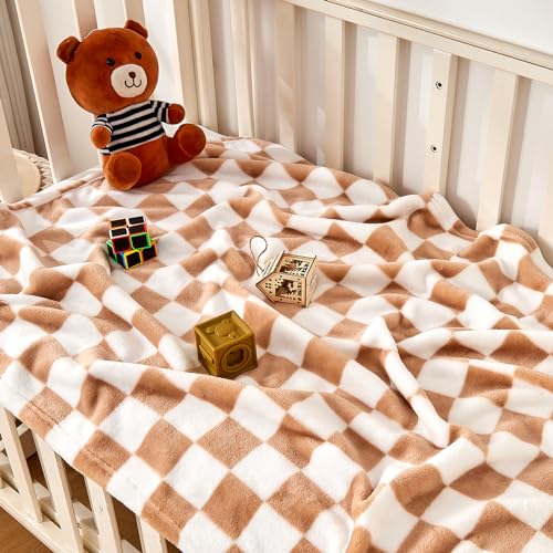 Image of Yurhap Checkered Baby Blanket Fleece Baby Blankets Neutral for Boys Girls, Super Soft Warm Lightweight Infant Toddler Newborn Receiving Blankets for Crib Stroller, 30''x40'', Khaki