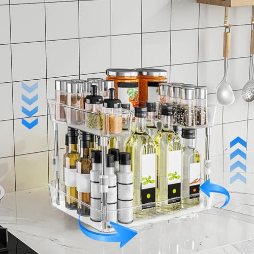 Gewürzregal Drehteller Organizer 2 Etagen: Drehtablett Ohne Bohren Drehbarer Hoch Skalierbar Spice Rack Gewürzhalter für Kitchen Kühlschrank Cabinet Schminktisch Schreibtisch (1, 35.3x24.7x26-37cm)
