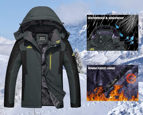 KEFITEVD Übergangsjacke Herren Warm Winter Herrenjacke mit Kapuze Fleecejacke Wasserabweisend Winterparka Männer Angelbekleidung Grau-Schwarz L